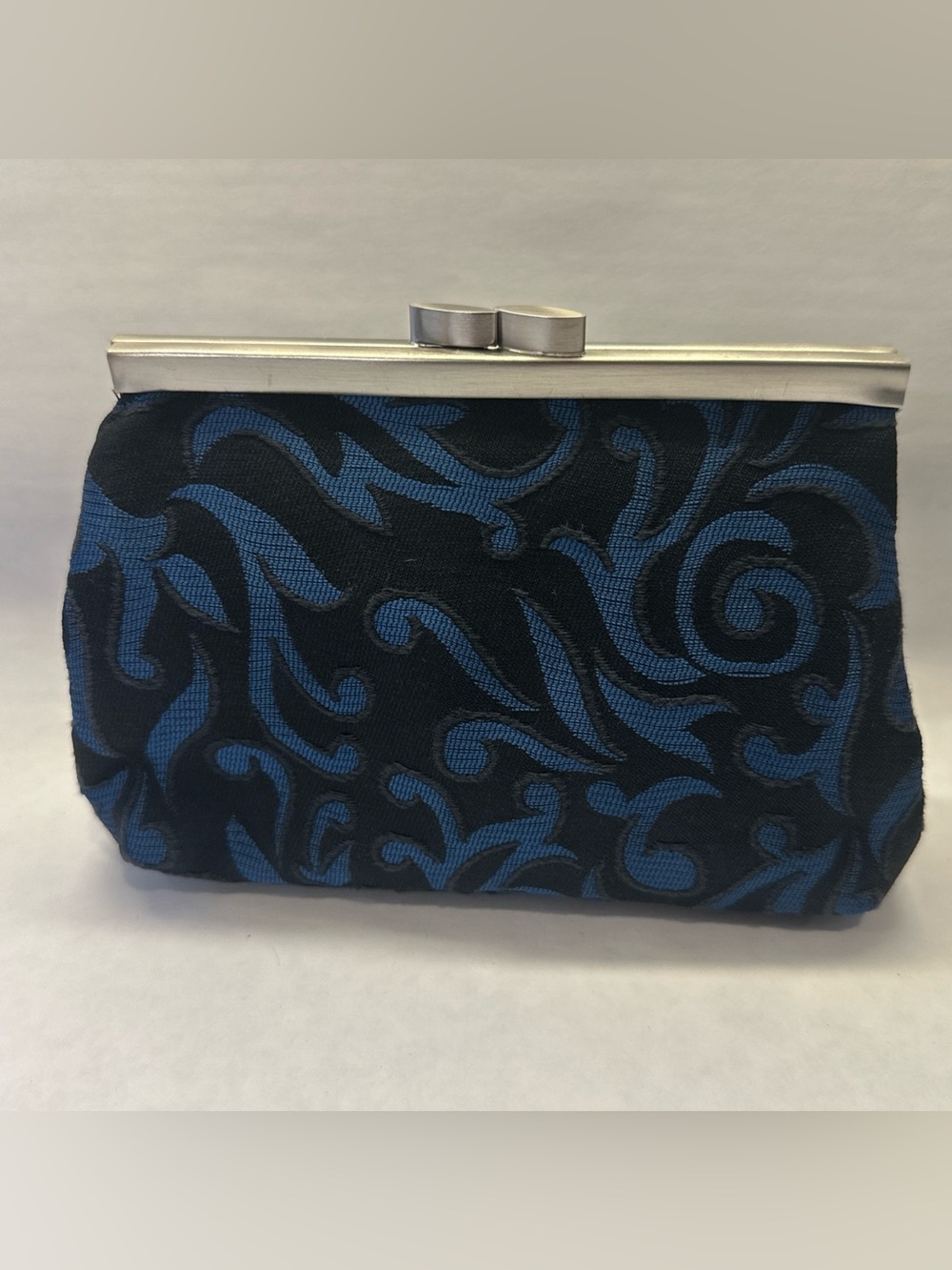 Vintage Inge Christopher Blue Black Floral Brocade Evening Clutch Handbag 1990s